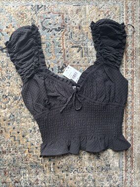 Lush Black Smocked Ruffle Tie-Front Crop Top